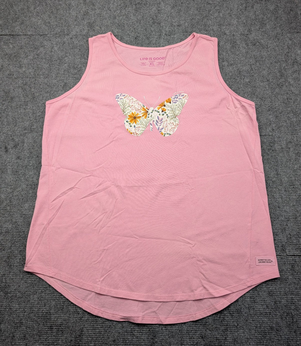 Life Is Good Tank Top Womens XL Crusher Butterfly Floral Graphic Cotton Pink
